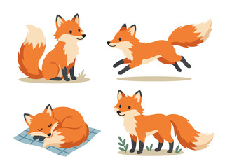 Obraz premium A collection of four cute cartoon foxes in various poses including sitting running sleeping and standing.