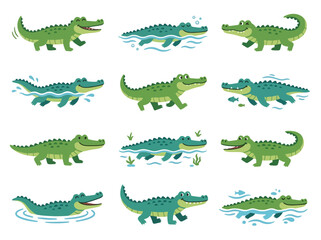 Obraz premium A collection of cute cartoon crocodiles in various poses and activities.