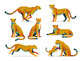 Obraz premium A collection of cheetahs in various poses including running sitting lying down and playing.