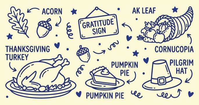 Thanksgiving doodle vector set with roasted turkey, cornucopia, pumpkin pie, pilgrim hat, acorns, and gratitude sign on cream background.