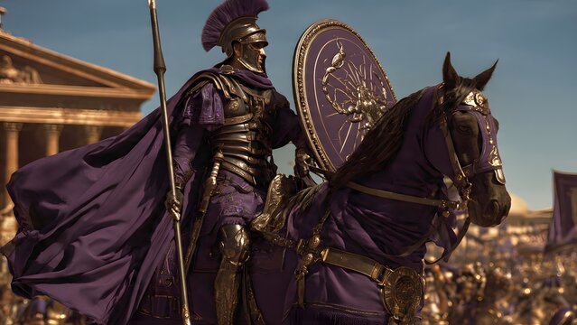 Majestic Roman Soldier in Ornate Purple Armor on a Black Steed Before Ancient Temple Ruins