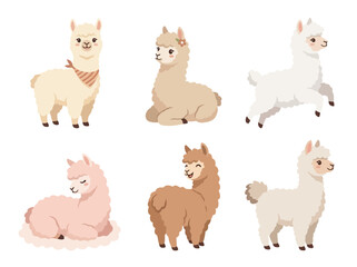 Obraz premium A collection of cute cartoon llamas in various poses and colors.