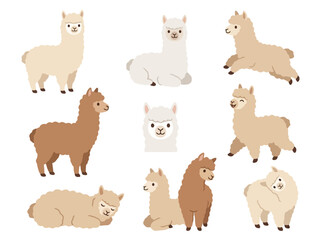 Obraz premium A collection of cute cartoon llamas in various poses and colors.