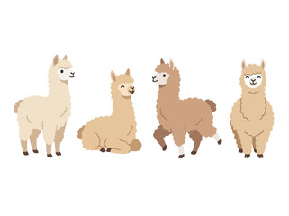 Obraz premium A collection of four cute cartoon llamas in various poses and shades of brown.
