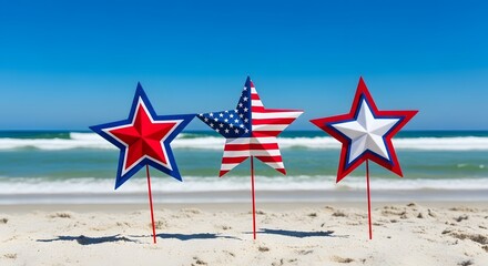 Labor Day Three patriotic star decorations on sticks at the beach with ocean waves