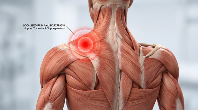 Anatomical illustration of shoulder muscle pain and localized spasms