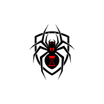 Stylized black widow spider emblem with red hourglass on a shield