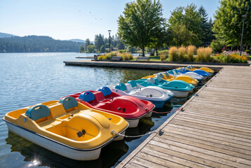 Fototapeta premium Colorful paddle boats docked at a boardwalk by the lake 