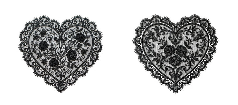 Set of two black lace heartshaped appliques with floral embroidery isolated on transparent background