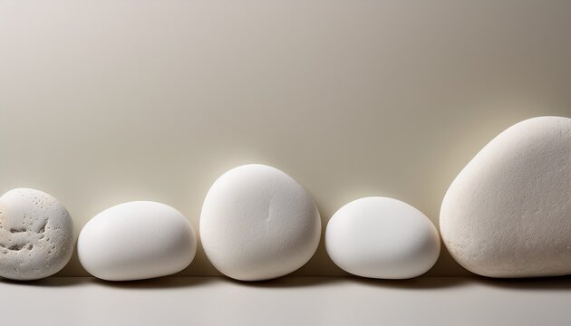 Row Of White Pebble Stones On Pale Background With Large Copy Space For Wellness Spa And Natural Texture Layout
