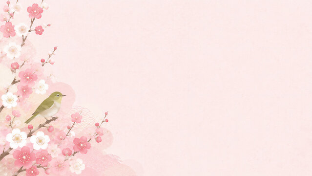 Japanese early spring plum blossom background with bush warbler, with copy space, flat illustration style
