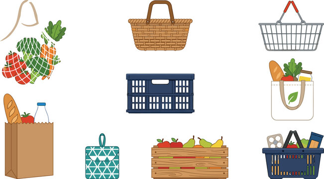 Grocery shopping baskets and eco friendly bags vector icon set featuring reusable tote bag canvas pouch mesh sack wooden crate plastic container paper bag with fresh food.