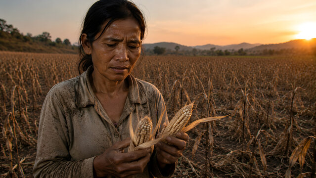 Worried Asian woman farmer holding dried corn cobs in drought stricken field during global warming climate crisis at sunset.