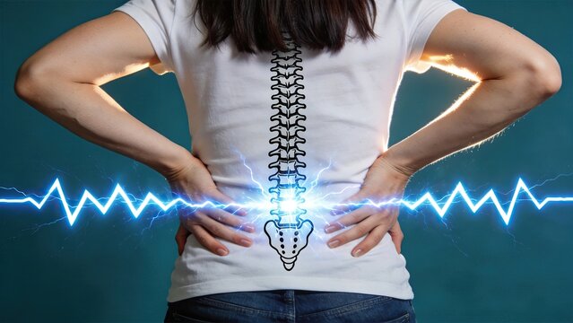 Woman holding lower back in pain with glowing spine illustration, chronic lumbar discomfort concept, medical health issue, nervous system shock visualization