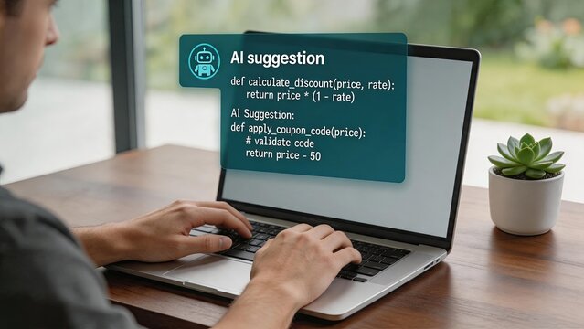 Developer receiving AI code suggestion popup on laptop screen while programming, automated software development assistance with python function examples for coding efficiency.