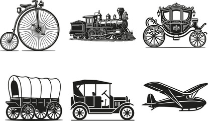 Vintage retro transportation vector illustration set featuring classic locomotive penny farthing bicycle and historic carriage © MDARIFUL