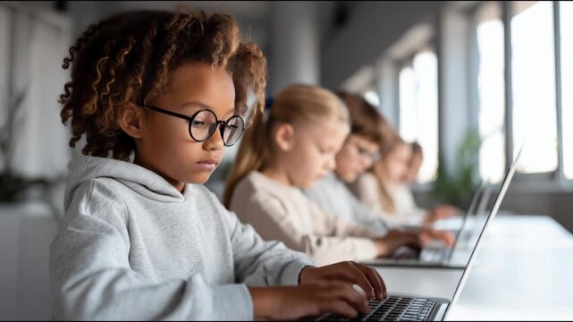 Smart diverse elementary school children using laptops during an it lesson in a modern classroom