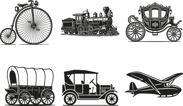 Vintage retro transportation vector illustration set featuring classic locomotive penny farthing bicycle and historic carriage