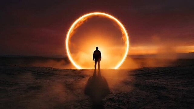 Silhouette of man standing before glowing circular energy portal in desert science fiction scene