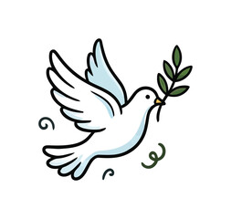 Fototapeta premium A white dove flying with a green olive branch and gentle swirls signifying peace and hope