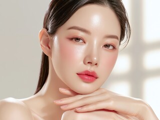 Obraz premium Beautiful young woman with glowing glass skin and natural makeup. Portrait of Asian model with clean complexion for skincare, beauty advertising, cosmetic branding, and dermatology