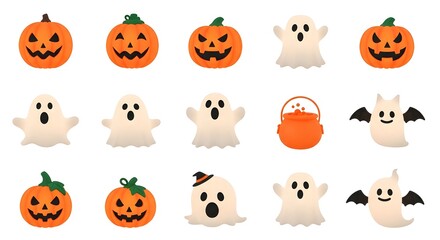 Naklejka premium Set of cute halloween icons with pumpkins, ghosts, bats, and a cauldron isolated on white background