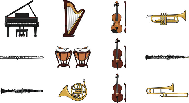Classical orchestra musical instruments vector icon set featuring grand piano, harp, violin, cello, trumpet, flute, timpani drums, french horn, trombone, and clarinet illustrations.