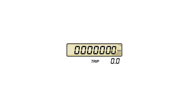Digital odometer display showing zero kilometers isolated on white background