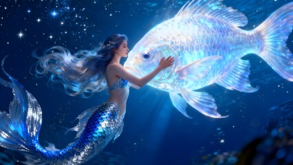Fototapeta premium Mermaid touching glowing fish underwater