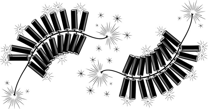 Vintage black and white vector illustration of traditional firecrackers with sparkles for Chinese New Year and festive holiday celebration events.
