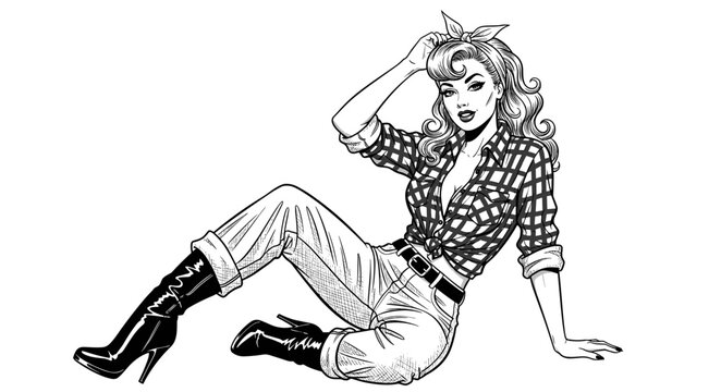 Vintage rockabilly pin-up girl illustration, sexy woman in flannel shirt and denim jeans, retro country cowgirl posing in stiletto boots.
