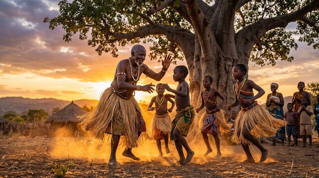 An elderly African man and children dancing joyfully in traditional attire during sunset near a large baobab tree