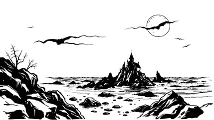 Dark Fantasy Landscape with a Gothic Castle on a Moonlit Cliff by the Sea © ZeinLens