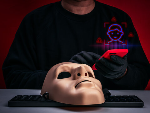 Deepfake scam and synthetic identity fraud concept featuring masked cybercriminal scammer using smartphone. Voice cloning fraud, romance scams, social engineering attacks, and AI-powered deception.