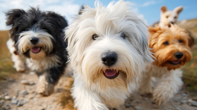 Group of dogs chasing each other in a sunny dog park, celebrating friendship, social play, and energetic outdoor fun.