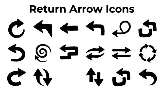 A variety of black hand-drawn arrow icons indicating return or circular motion on a plain white background.
