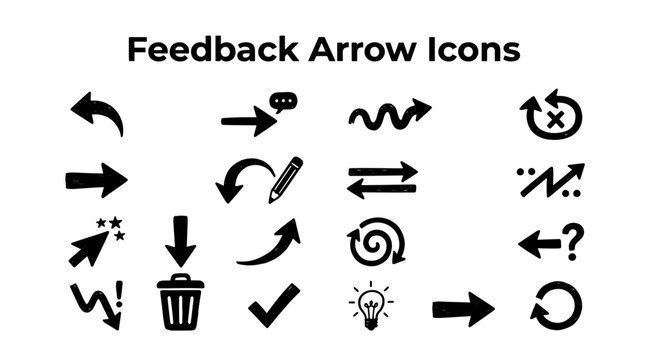 Collection of various black arrow icons and symbols representing feedback, direction, and actions on a white background.