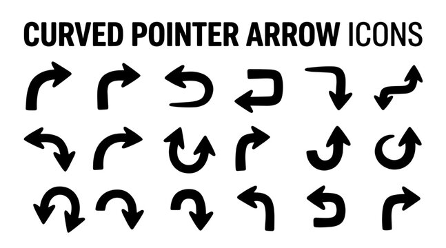 A collection of black curved pointer arrow icons representing various directions and navigation elements.