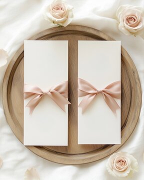 Elegant Wedding Invitation Cards with Blush Pink Satin Ribbons and Roses
