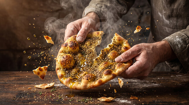 Dynamic Action Tearing Baked Zaatar Manakish Flatbread with Flying Herbs