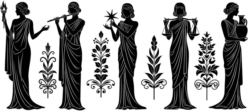 Black, and, white, silhouette, illustration, of, ancient, Greek, goddesses, or, muses, holding, symbolic, objects, with, decorative, floral, neoclassical, art, ornaments.
