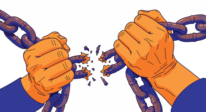 Two fists breaking free from heavy rusty chains in a powerful gesture of freedom and liberation.
