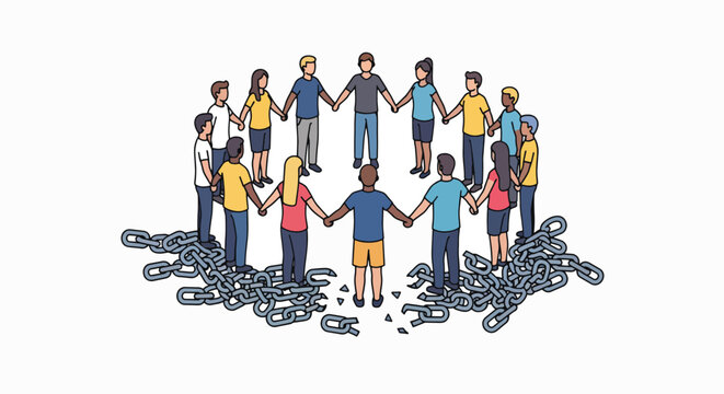 People join hands breaking free chains in a symbol of global unity and freedom