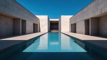 Fototapeta premium brutalist minimalist concrete swimming pool architecture, long rectangular pool with crystal blue water, massive geometric concrete walls, strong