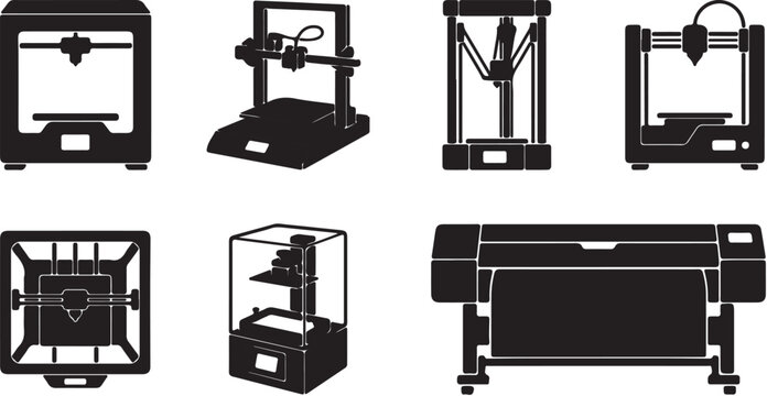 Professional 3D Printer and Industrial Plotter Silhouette Icons