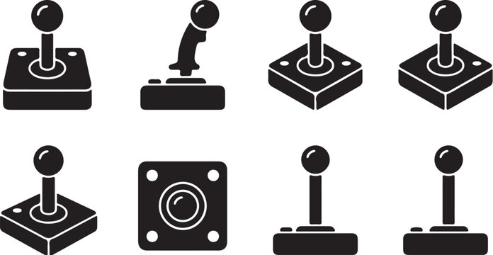 Retro Gaming Joystick Icon Set in Flat Vector Silhouette Style