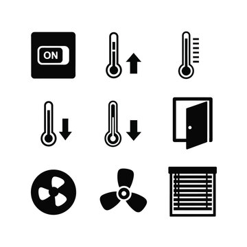 Black silhouette icons for temperature control and ventilation silhouette air conditioner conditioning arrow blades button climate cooler door fan heat