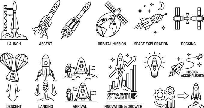 Space exploration line icon set and business startup concept vector elements featuring rocket launch, satellite orbit, lunar landing, and mission accomplished stages.