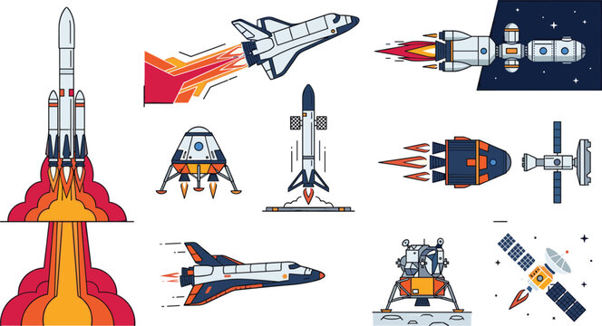 Space exploration rocket launch vector icon set featuring cosmic shuttles, satellites, lunar modules, spaceships, station, and heavy booster flames for astronomical science designs.