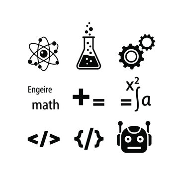 Engineering and mathematics concept icons in silhouette style silhouette atom beaker gear math code robot science formula integral symbol icon